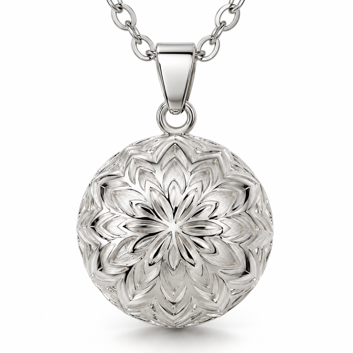 Bola de grossesse Alba, pendentif argenté à fleur sculptée en relief, sur chaîne
