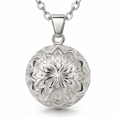 Bola de grossesse Alba, pendentif argenté à fleur sculptée en relief, sur chaîne