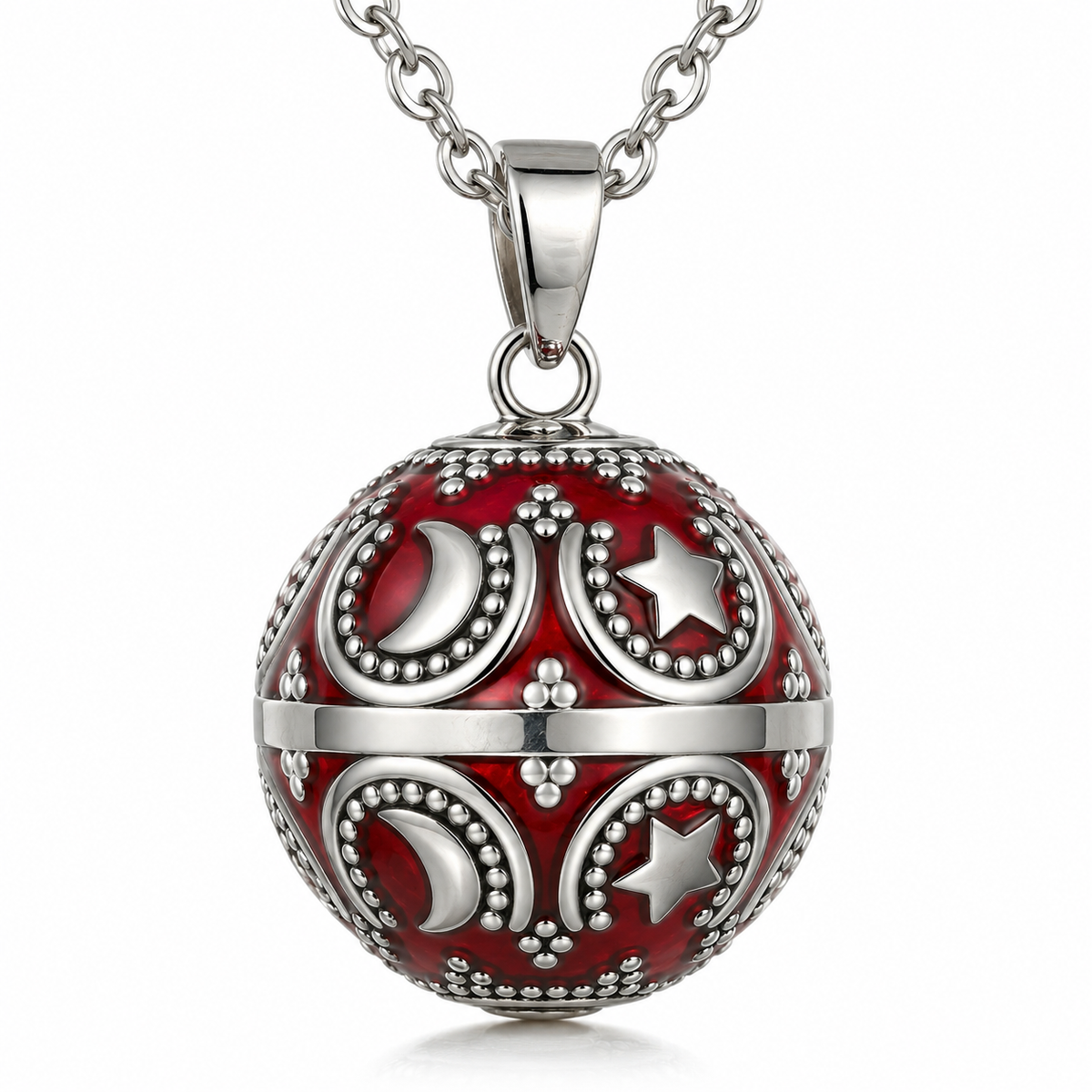 Bola de grossesse Amaya, pendentif rouge à lunes et étoiles argentées, sur chaîne