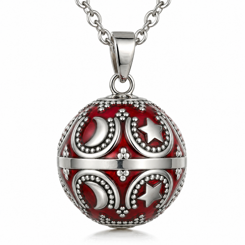 Bola de grossesse Amaya, pendentif rouge à lunes et étoiles argentées, sur chaîne