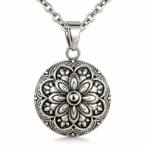 Bola de grossesse Anaya, pendentif argenté patiné à rosace florale en relief, sur chaîne