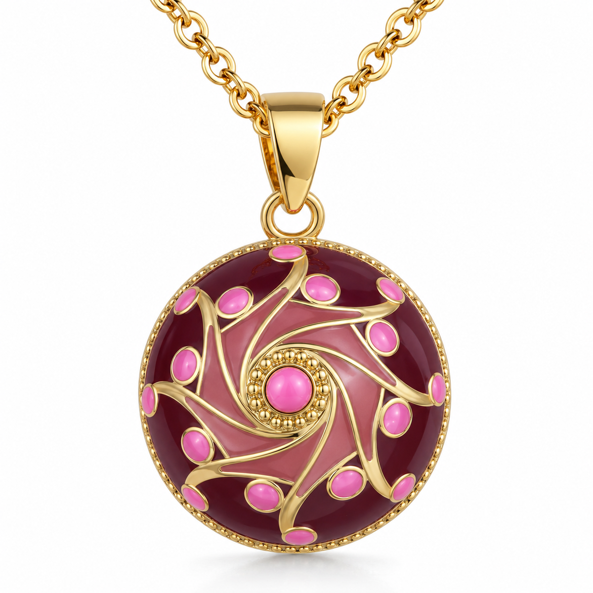 Bola de grossesse Ayla, spirale rose et dorée sur fond prune, sur chaîne dorée