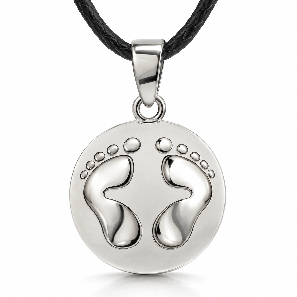Bola de grossesse Éclosion, empreintes de pieds de bébé sur pendentif argenté, cordon noir