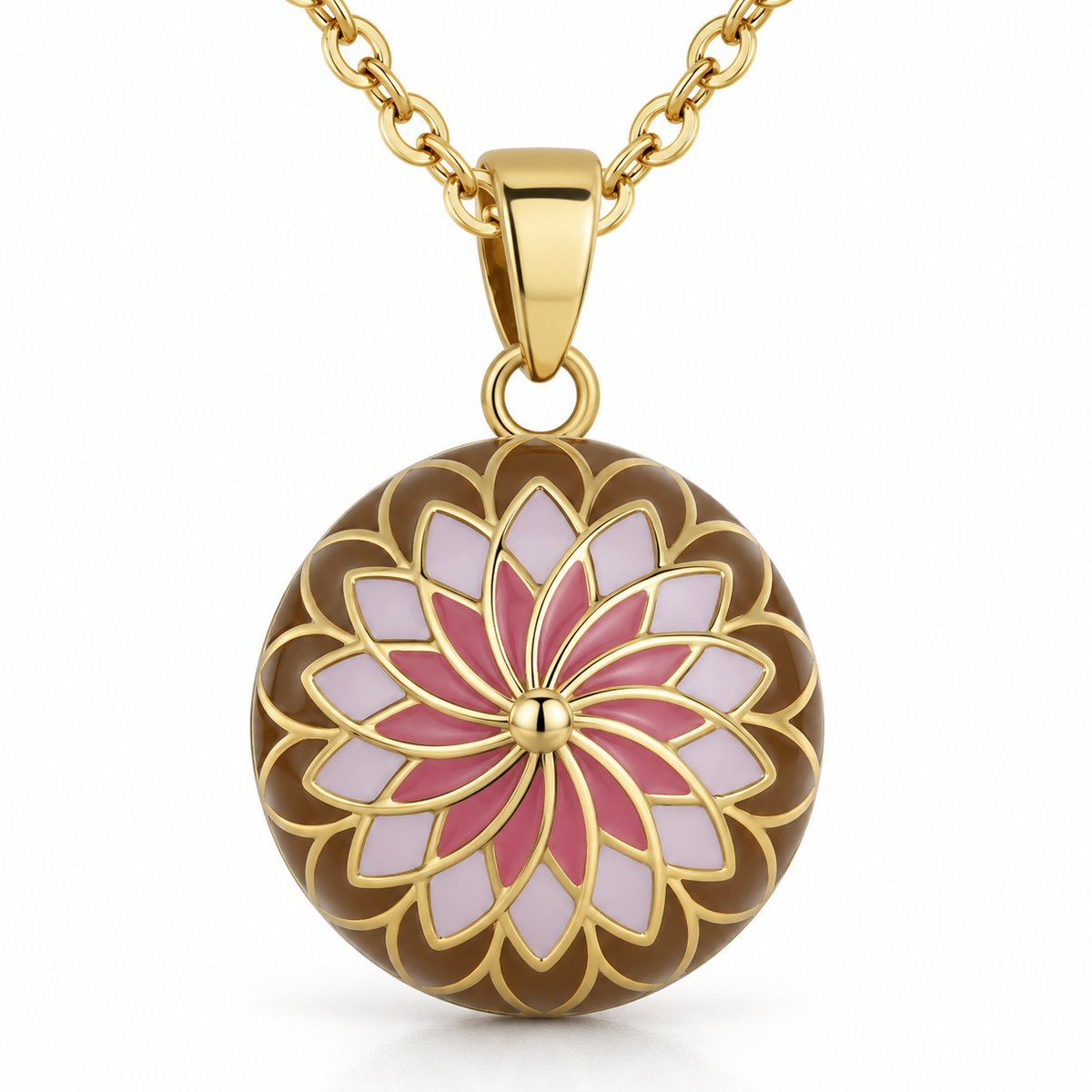 Bola de grossesse Élani, fleur rose et blanche sur fond brun, sur chaîne dorée