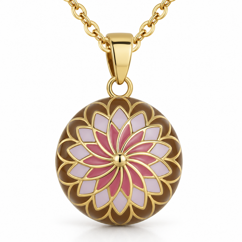 Bola de grossesse Élani, fleur rose et blanche sur fond brun, sur chaîne dorée