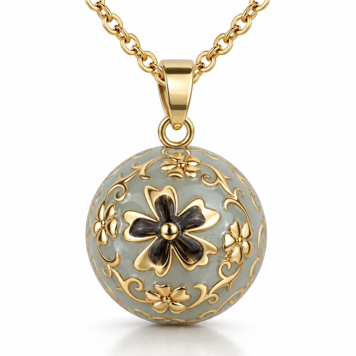Bola de grossesse Élise, fleurs dorées et fleur noire sur fond vert céladon, sur chaîne dorée