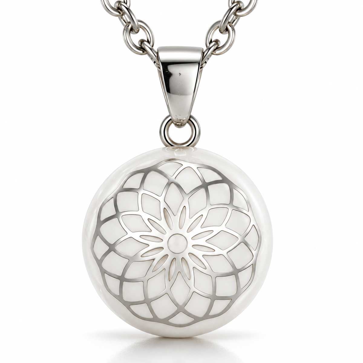 Bola de grossesse Élune, sphère blanche à rosace argentée, sur chaîne argentée