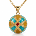 Bola de grossesse Éternia, croisillons dorés sur turquoise et ocre, sur chaîne dorée