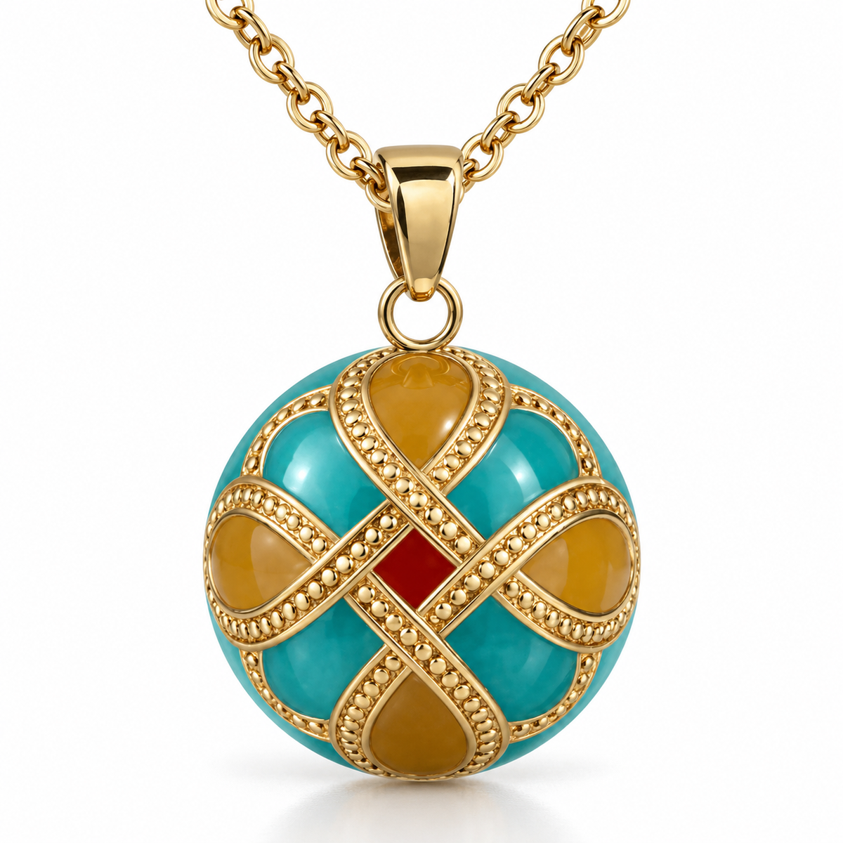 Bola de grossesse Éternia, croisillons dorés sur turquoise et ocre, sur chaîne dorée