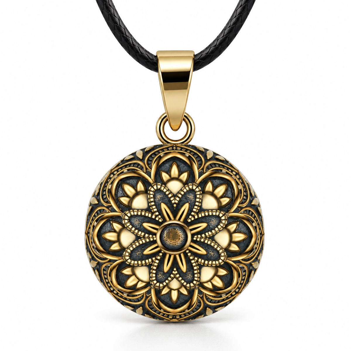 Bola de grossesse Gaïa, rosace ciselée aux tons bronze, cordon noir