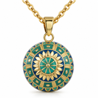 Bola de grossesse Liora, mandala turquoise et bleu à rosace dorée, sur chaîne dorée