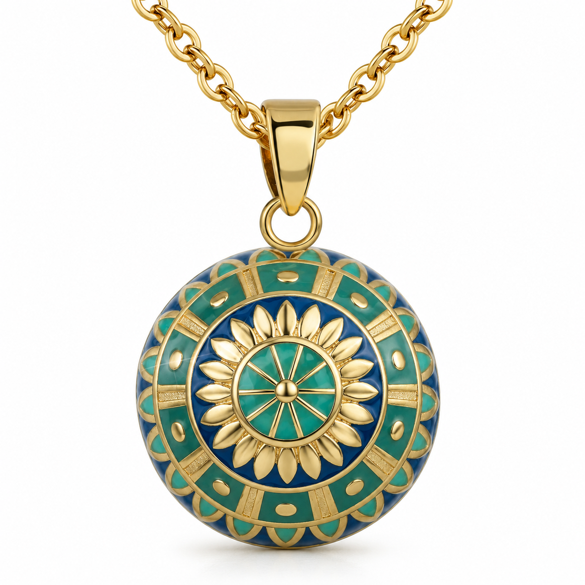 Bola de grossesse Liora, mandala turquoise et bleu à rosace dorée, sur chaîne dorée