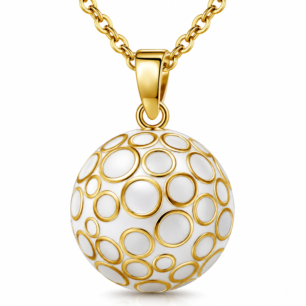 Bola de grossesse Lunaé, sphère blanche aux anneaux dorés, sur chaîne dorée