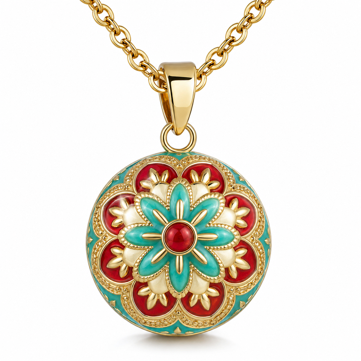 Bola de grossesse Maïa, fleur turquoise et rouge à cabochon rouge, sur chaîne dorée