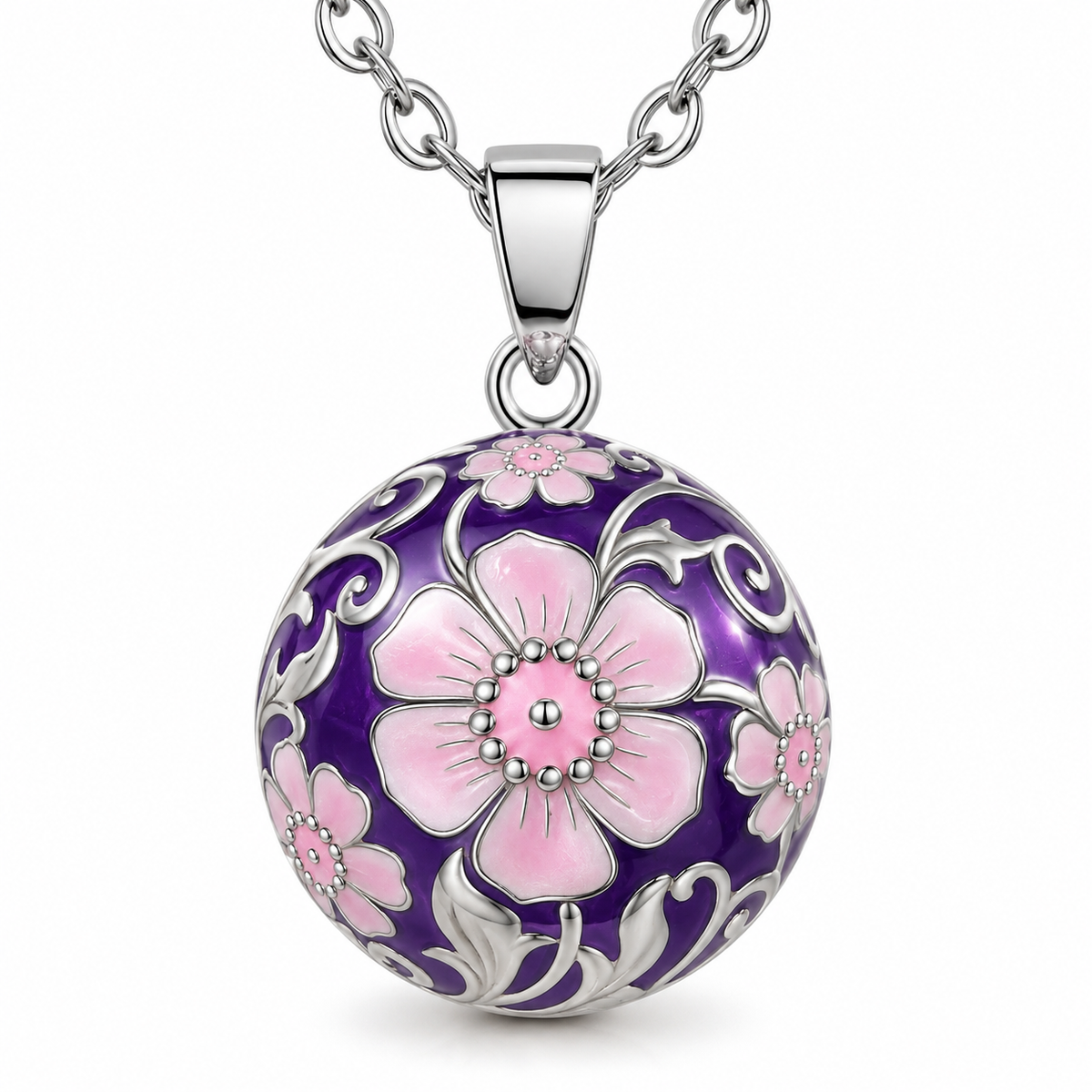Bola de grossesse Malia, fleurs roses et volutes argentées sur fond violet, sur chaîne argentée