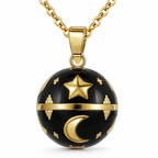 Bola de grossesse Noctéa, étoile et croissant de lune dorés sur fond noir, sur chaîne dorée