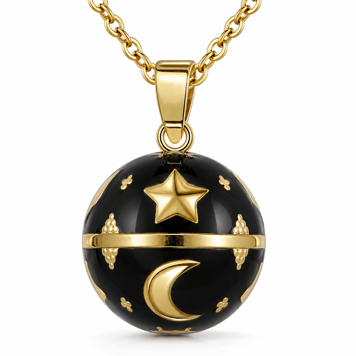 Bola de grossesse Noctéa, étoile et croissant de lune dorés sur fond noir, sur chaîne dorée