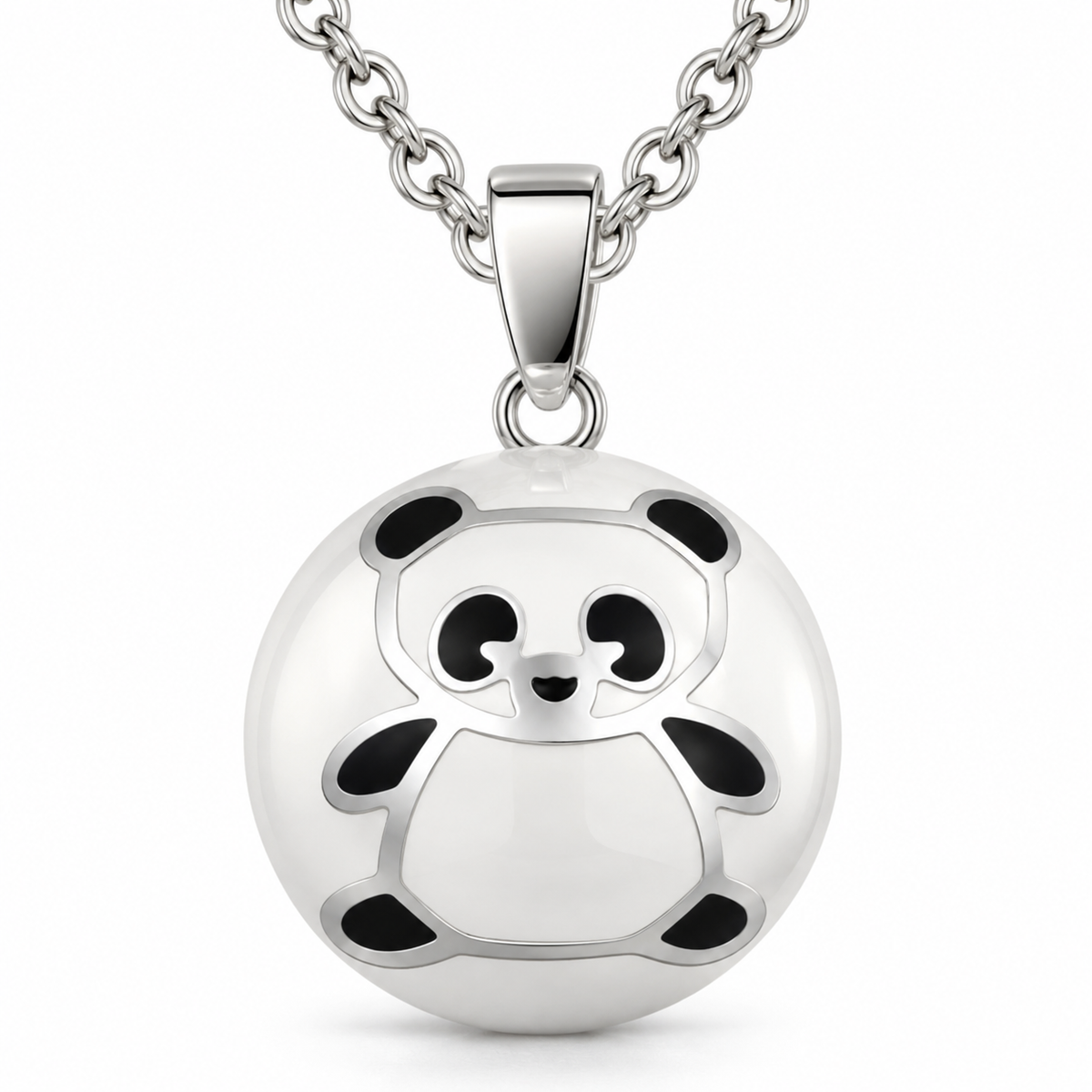 Bola de grossesse Pandaï, petit panda noir et blanc sur sphère blanche, sur chaîne argentée