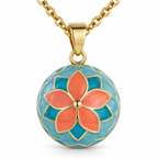 Bola de grossesse Sohana, fleur corail sur fond turquoise, sur chaîne dorée