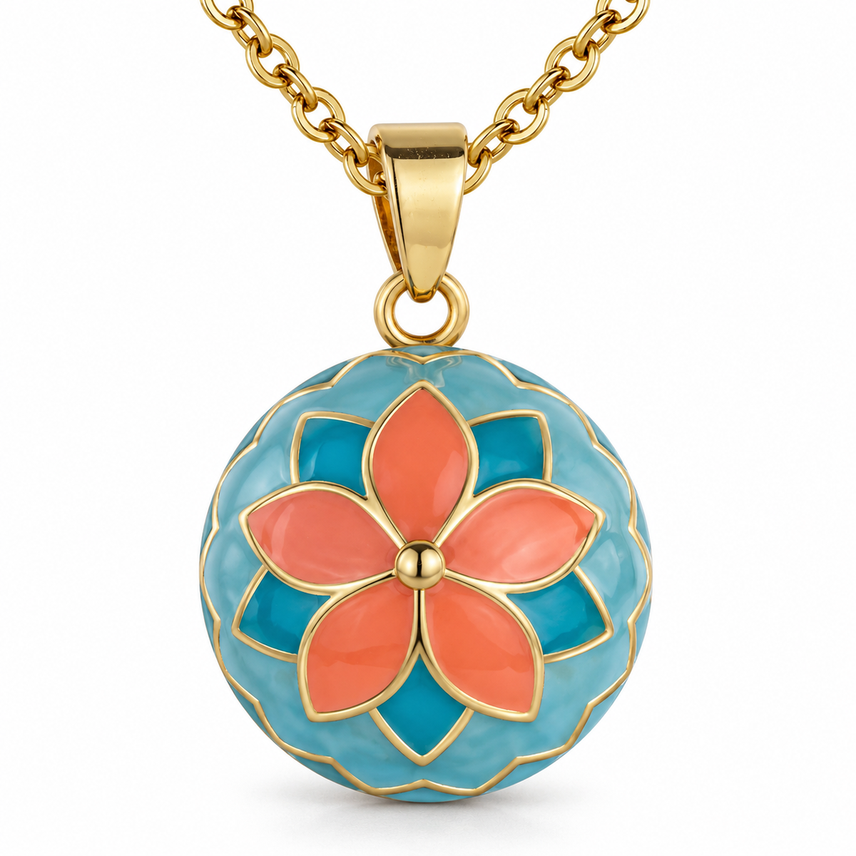 Bola de grossesse Sohana, fleur corail sur fond turquoise, sur chaîne dorée