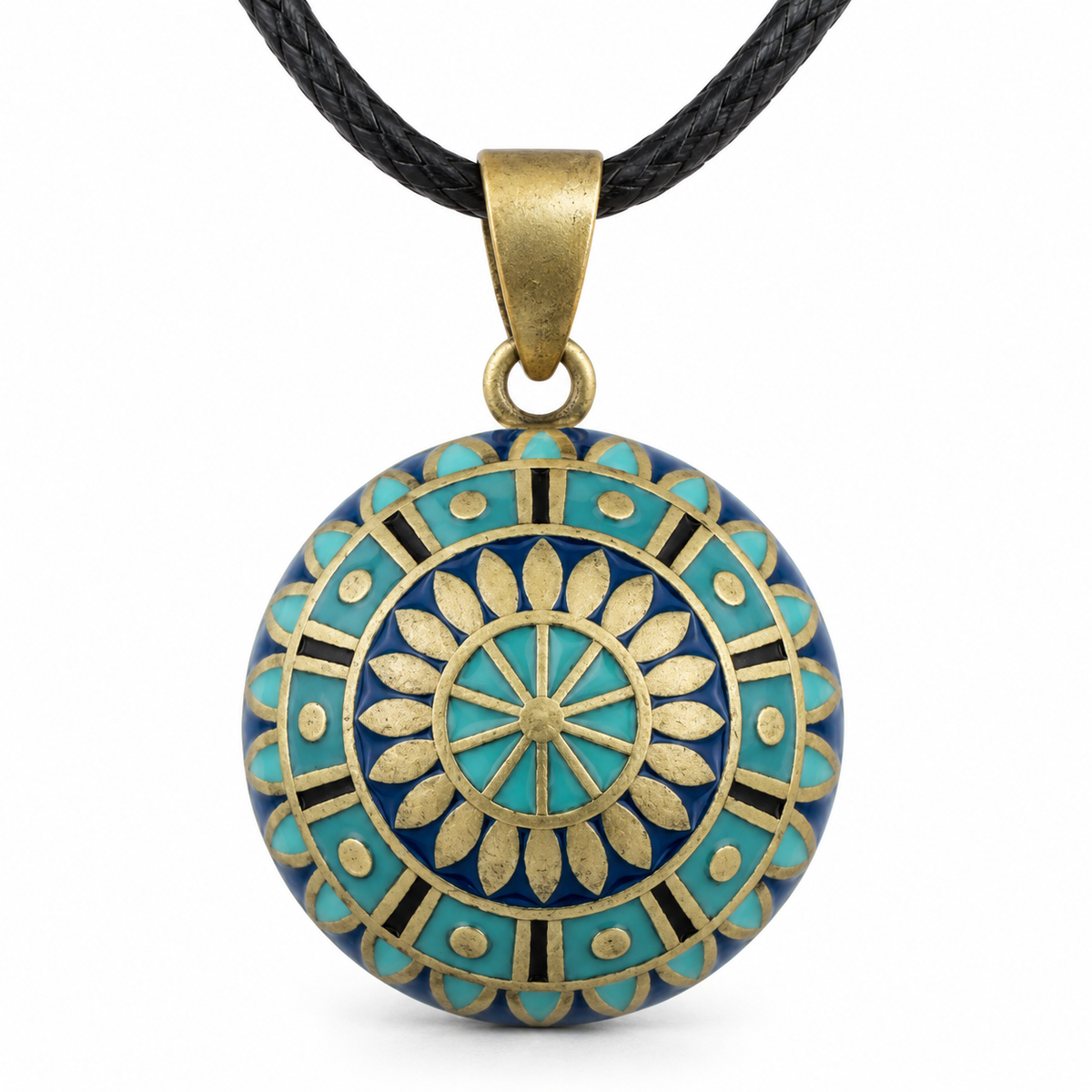 Bola de grossesse Solal, mandala turquoise, bleu et doré, cordon noir