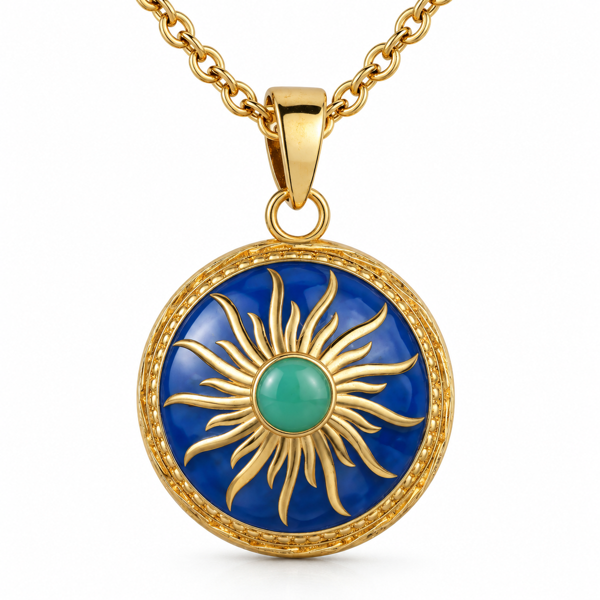 Bola de grossesse Solia, soleil doré et cabochon turquoise sur fond bleu, sur chaîne dorée