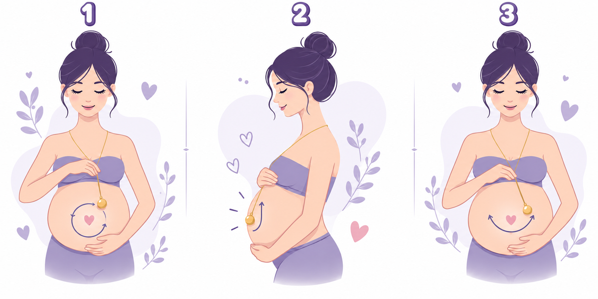Illustration des trois gestes : faire tourner le bola autour du ventre, le faire glisser de haut en bas, le balancer de gauche à droite